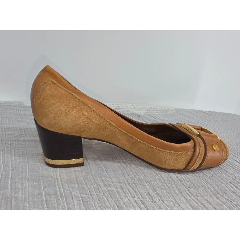 Tory Burch Tan Leather Suede Block Heel Buckle Pumps Gold Hardware Size 5M